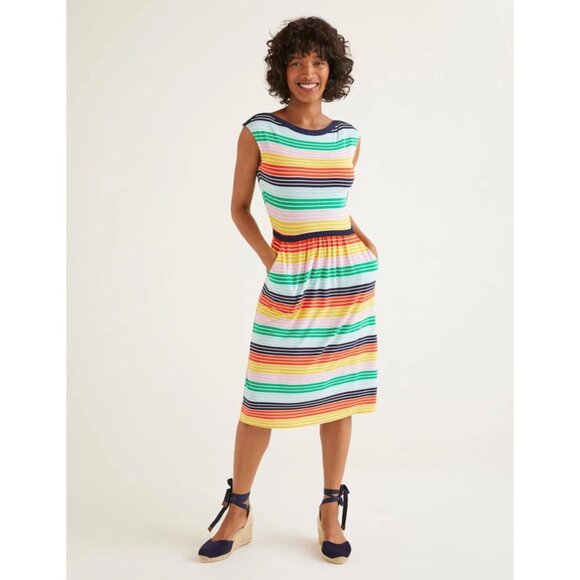 Boden Eleanor Rainbow Striped Midi Dress Sleeveless Boatneck Colorful Jersey 8 L - Picture 1 of 14